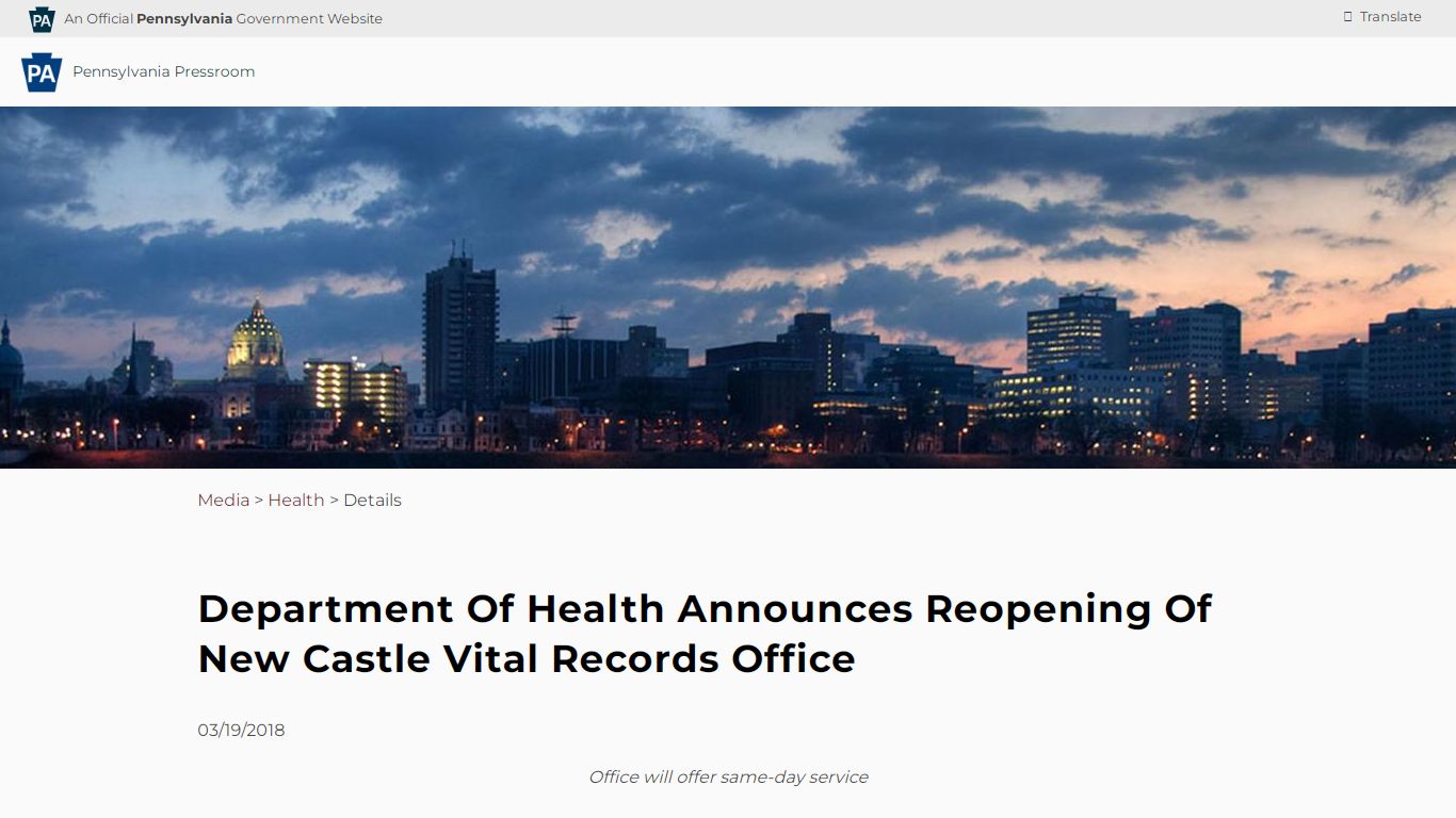 Department of Health Announces Reopening of New Castle Vital Records Office